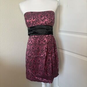 Speechless Pink Black Damask Strapless Party Dress Satin Sash Size 9 NEW